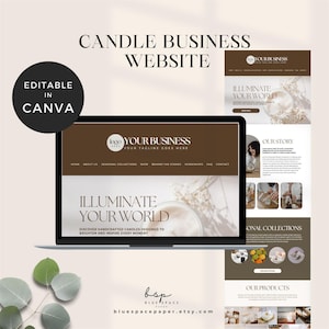 Pode incluir: Um modelo de site para um negócio de velas. O site apresenta um fundo marrom com texto branco sobreposto. O texto diz "Ilumine seu mundo" e "Descubra velas artesanais projetadas para iluminar e inspirar cada momento". O site também apresenta um logotipo com o texto "Seu negócio" e um slogan que diz "Seu slogan aqui".
