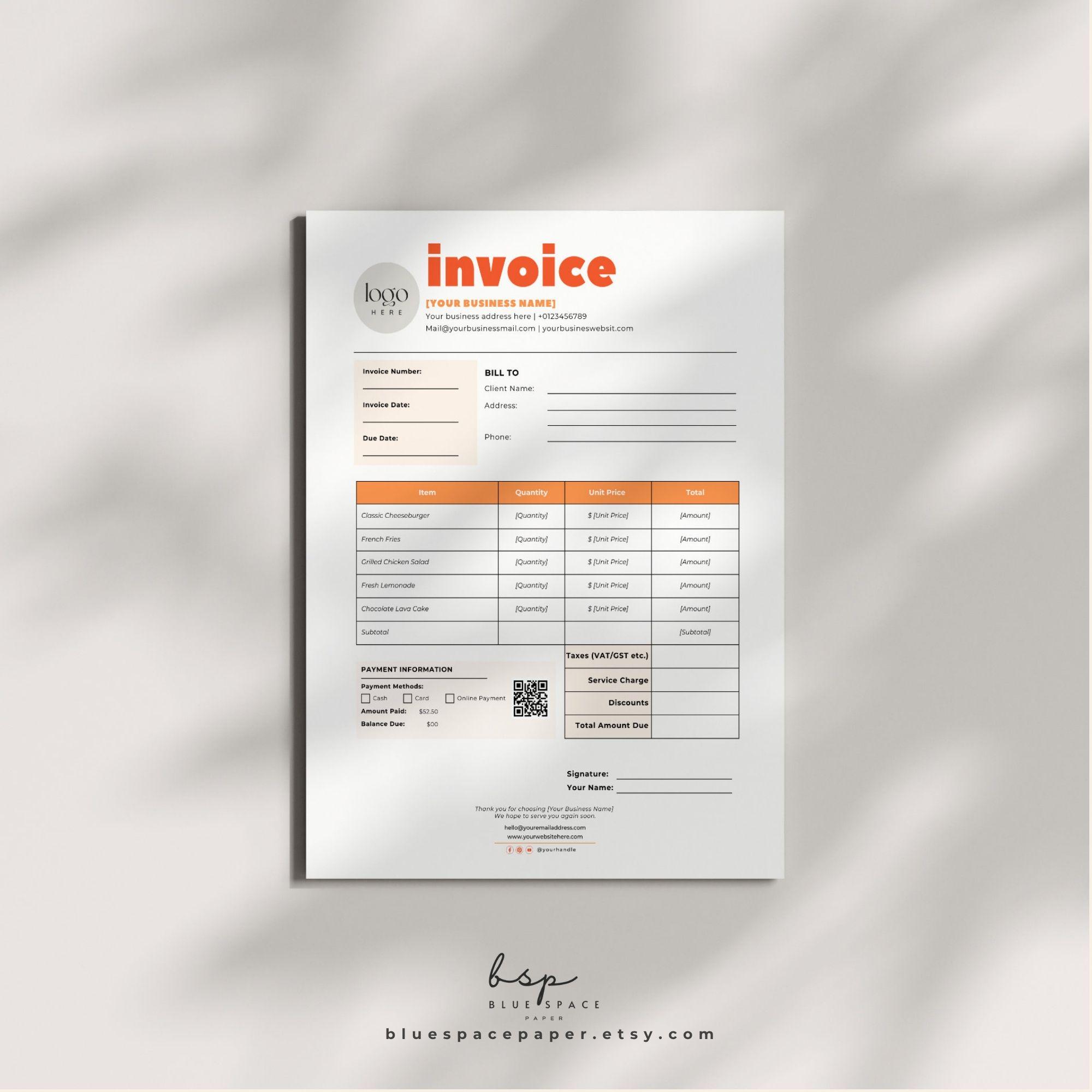 Restaurant Invoice Template, Small Business Invoice Receipt, Restaurant ...