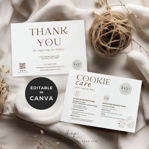 May include: Two white bakery business cards with brown text. One card says "THANK YOU" and includes contact information. The other card says "COOKIE care" with storage and reheating instructions. A black circle says "EDITABLE IN CANVA".
