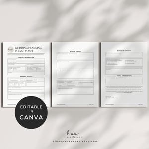 Może przedstawiać: Trzypoziomowy formularz przyjęcia planowania ślubu z sekcjami na dane kontaktowe, szczegóły ślubu, styl i wizję, budżet i notatki. Formularze są białe z czarnym tekstem i liniami. Słowa "Editable in Canva" znajdują się w czarnym okręgu.