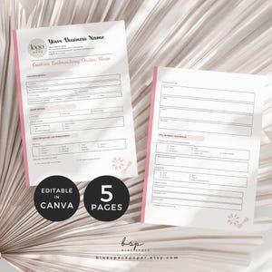 May include: Two white custom embroidery order forms with pink accents and black text. The forms include sections for customer details, order specifics, and design descriptions. Two black circular badges state Editable in Canva and 5 Pages.
