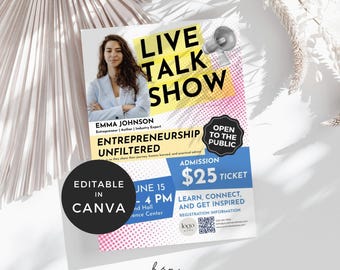 Talk Show Flyer, Podcast Marketing Template, Live Podcast Flyer, Radio Show Flyers Canva Leaflet, Youtube Stream Flyer, Radio Show Brochure