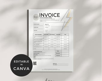 May include: A white invoice template with a logo, the word "INVOICE", and sections for details. The design includes a lightning bolt graphic in yellow and gray. A black circle with "EDITABLE IN CANVA" is in the lower left.