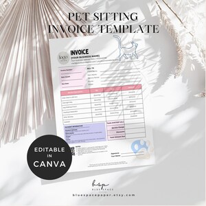 May include: A pet sitting invoice template with a light background and a cat illustration. The invoice includes fields for client information, service details, and payment information. The text "EDITABLE IN CANVA" is in a black circle.