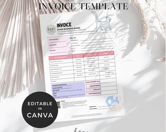 May include: A pet sitting invoice template with a light background and a cat illustration. The invoice includes fields for client information, service details, and payment information. The text "EDITABLE IN CANVA" is in a black circle.