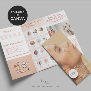 Broszura szablonu kosmetycznego, ulotka studia kosmetycznego, ulotka kosmetyczna Canva, broszura trójdzielna PMU Cosmetics, ulotka marketingowa butiku kosmetycznego