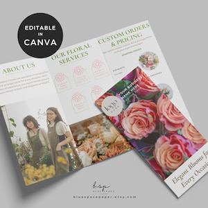 Ulotka dla firmy florystycznej, Szablon broszury florystycznej Canva, Broszura marketingowa sklepu z kwiatami, Ulotka, Szablony firm florystycznych