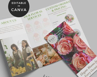 May include: A tri-fold brochure for a floral business. The front cover features a close-up of pink and peach roses. The inside panels include information about the business, services offered, and pricing. The text on the brochure includes "Our Floral Services", "Custom Orders & Pricing", "Your Business Name Here", and "Elegant Blooms for Every Occasion".