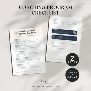 May include: Two white paper checklists with the text "Coaching Program Checklist" at the top. One checklist is titled "Transformational Journey Roadmap". The other checklist has a dark blue section with the text "Bonus Resources". The image also includes the text "2 Pages" and "Editable in Canva".