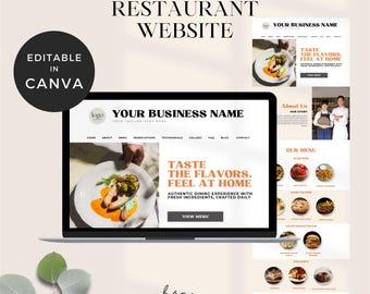 May include: A laptop displays a restaurant website template with the text "Restaurant Website" and "Editable in Canva." The website design includes menu sections, a photo of a dish, and the tagline "Taste the Flavors. Feel at Home."