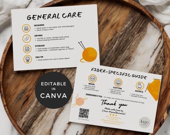 Care Instruction Cards For Knitting, Printable Crochet Care Instructions, Editable Crochet Washing Instructions, Handmade Care Guide Labels