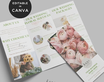 Folleto de flores para bodas, folleto de floristería para bodas, folleto de floristería Canva, arreglos florales para bodas, plantilla de folleto de 2 caras.