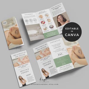 Plantilla de folleto tríptico de Medspa, folleto de marketing para esteticistas editable, folleto de negocios de belleza en Canva, folleto de spa, lista de tratamientos de belleza