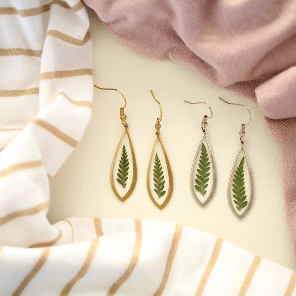 Fern Dangle Earrings - Gifts for Her - Botanical Jewelry - Minimalist Jewelry - Teardrop Earrings - Pressed Fern - Gardener Gift - Wholesale