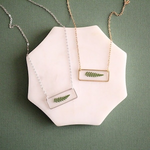 Fern Bar Necklace - Gifts for Her - Botanical Jewelry - Pressed Fern - Green Pendant - Gold and Silver Necklace - Minimalist -Christmas Gift