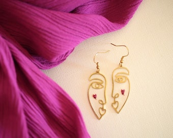 Face Heather Earrings - Gifts for Her - Botanical Jewelry - Pressed Flowers - Pink Earrings - Abstract Jewelry - Human Inspired
