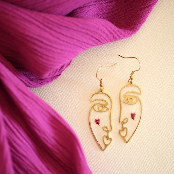 Face Heather Earrings - Gifts for Her - Botanical Jewelry - Pressed Flowers - Pink Earrings - Abstract Jewelry - Human Inspired