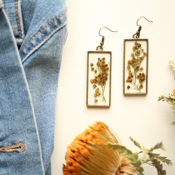 Solidago Aster Flower Earrings - Gifts for Her - Botanical Jewelry - Pressed Flowers - Real Flowers - Brass Earrings - Minimalist