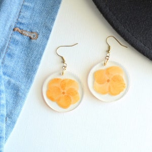 Orange Hydrangea Earrings - Gifts for Her - Pressed Flowers - Nature - Botanical Jewelry - Coin Style - Gift for Gardeners - Christmas Gifts