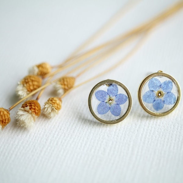 Circle Forget Me Not Stud Earrings - Gifts for Her - Botanical Jewelry - Bridesmaid Gift - Something Blue - Pressed Flowers - Spring Studs