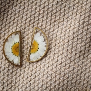 May include: A pair of gold-toned earrings with a half-circle design. Each earring features a pressed white daisy flower with a yellow center.