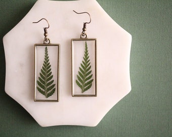 Fern Earrings - Gifts for Her - Botanical Jewelry - Pressed Ferns - Green Earrings - Brass Earrings - Minimalist - Rectangle - Wholesale