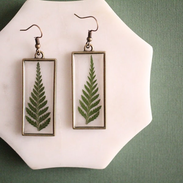 Fern Earrings - Gifts for Her - Botanical Jewelry - Pressed Ferns - Green Earrings - Brass Earrings - Minimalist - Rectangle - Wholesale