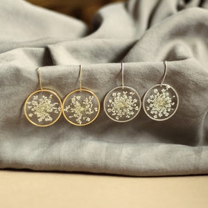 Queen Anne&#39;s Lace Hook Earrings - Gifts for Her - Botanical Jewelry - Pressed Flowers - Bridesmaids - Wedding Jewelry - Christmas Gifts