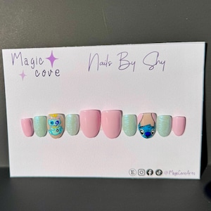 cute blue alien stitch inspired nails | press on nails | glue on nails | reusable | fake nails | art | custom nails | cute|trendy
