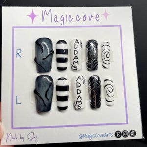 wednesday inspired nails | press on nails | glue on nails | reusable | fake nails | art | custom nails | cute | trendy