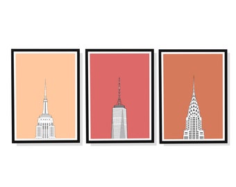 ニューヨーク市の高層ビル 3 枚セット - エンパイア ステート ビル、クライスラー タワー、フリーダム タワー