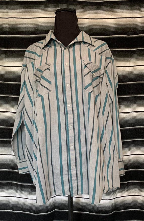 Chemise western rayée des années 80, bleu blanc à fines