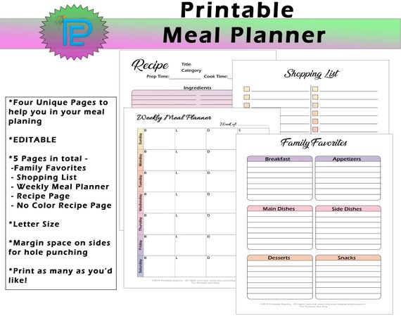 Meal Planner Printable Weekly Meal Planner Printable Meal | Etsy