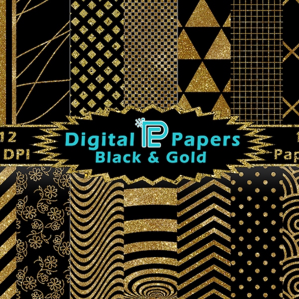 Black and Gold Digital Paper // Gold Glitter // Digital Background // Scrapbooking // JPG // PNG // Clipart