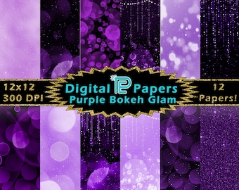 Purple Glitter Bokeh Digital Paper // Glam // Digital Background // Glitter Clipart // JPG // Bokeh