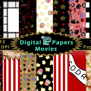 Films Digitaal Papier // Digitale Achtergrond // Popcorn // Hollywood // Theater // Scrapbooking // JPG // PNG