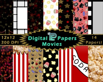 Movies Digital Paper // Digital Background // Popcorn // Hollywood // Theatre // Scrapbooking // JPG // PNG