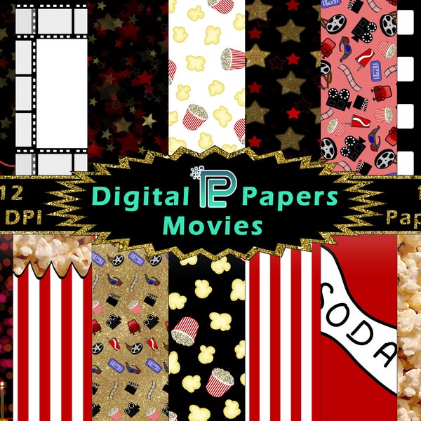 Movies Digital Paper // Digital Background // Popcorn // Hollywood // Theatre // Scrapbooking // JPG // PNG
