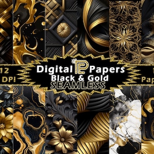 Nahtloses Schwarz und Gold Digital Paper Pack // Schwarz und Gold Digitaler Hintergrund // Hintergrundpapier // Goldpapier // Goldhintergrund
