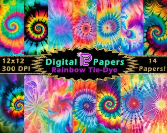 May include: A collection of 14 digital papers with vibrant rainbow tie-dye patterns. Each paper features a unique spiral design in a spectrum of colors, including red, orange, yellow, green, blue, and purple. The text reads "12x12 300 DPI Digital Papers Rainbow Tie-Dye 14 Papers!"