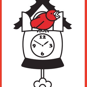Könnte beinhalten: Eine Schwarzweißillustration einer Kuckucksuhr mit einem roten Vogel oben drauf. Das Zifferblatt der Uhr hat schwarze Zeiger und römische Ziffern. Die Uhr hängt an einem Haken und hat ein Pendel in Form einer Blume.