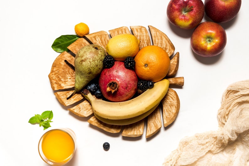 Wooden fruit tray, monstera plant leaf , serving tray, fruit bowl, wood tray, decorative tray, table decor, kitchen decor, housewarming gift image 5