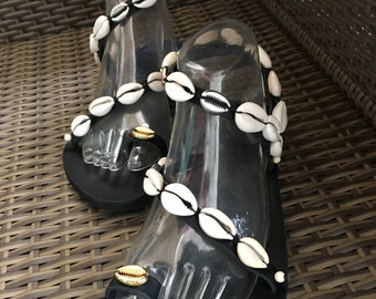 Made to order, Black leather, Greek sandals, Shell sandals, Jeweled sandals, Wedding sandals, Summer wedding shoes, 'Sirene'