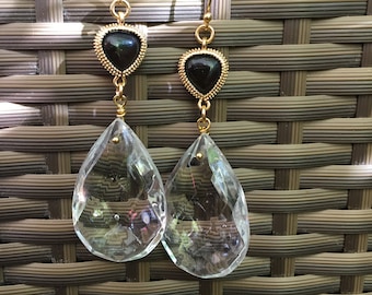 Elegant vintage large Diamond-Cut Crystal Chandelier in Teardrop shape, Big Earrings, Statement Earrings