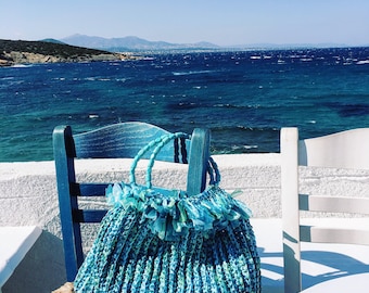 Handwoven tote, Crochet tote, Turquoise bag, Handknitted bag , Summer tote, Raffia tote, 'Posidon', Made to Order, Free Shipping