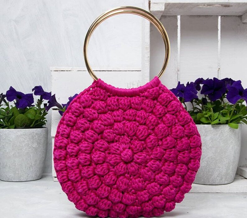Free shipping, Ulla Johnson Lia Tote Inspired, Crochet Bag, Multi Color Options, Bubble Bag, Metal Hoop Handles in Three Colors image 3