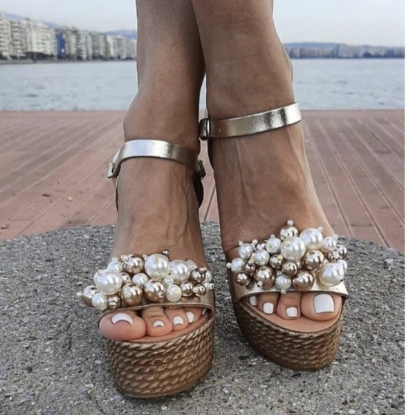 Wedges, Platforms, Greek leather sandals, Jeweled Handmade sandals, Wedding shoes, Hochzeit Sandalen, Sandali da sposa, Wedges with pearls