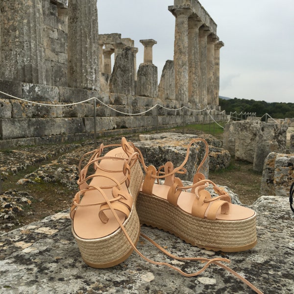 Leather Platform Sandals, Laced up Wedges, Wedge Sandals, Summer Shoes, Gladiator Flatforms, Gift for Her, Greek Leather "APHRODITE"