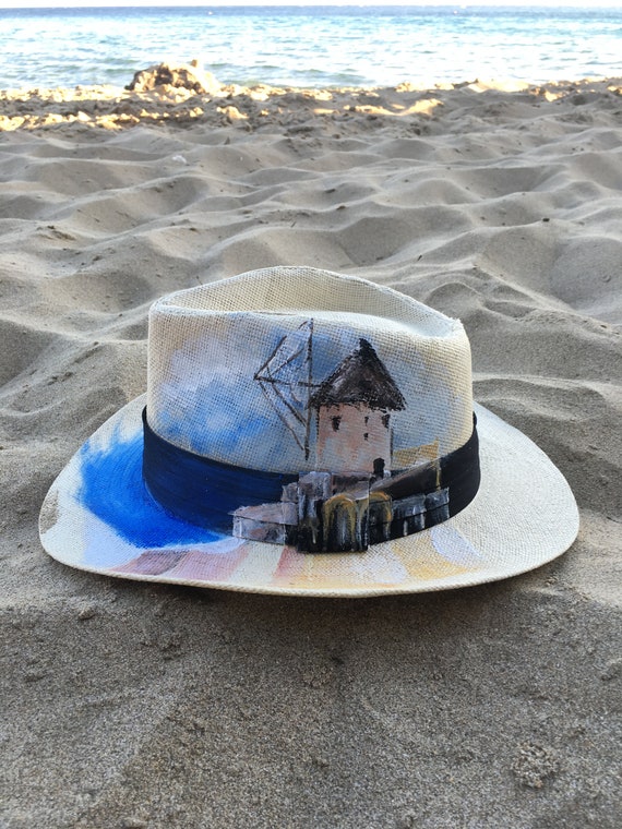 Handpainted Panama Hat Mykonos Painting 