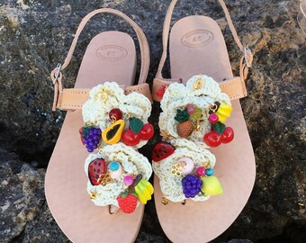 Greek sandals, Crochet flower sandals, Jeweled sandals, Wedding sandals, Summer wedding shoes, 'FRUTA', Free shipping, Made to order